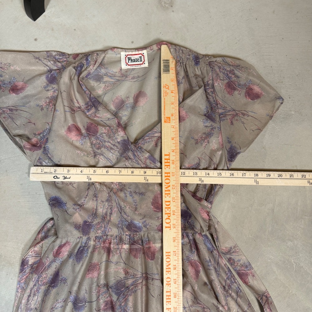 60s 70s Phase II California Vintage Floral Wrap Mauve Purple Thistle Midi Dress - Picture 6 of 7